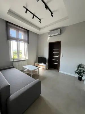a living room with a couch and a table at Płaszowska Apartment in Kraków