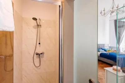a bathroom with a shower with a glass door at Malila Premium Aparthotel Sebastiana 20 Old Town in Kraków