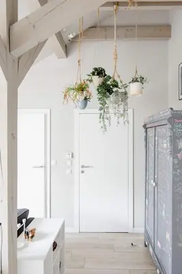 a room with white walls and ceilings with potted plants at Charming designer attic in Kraków
