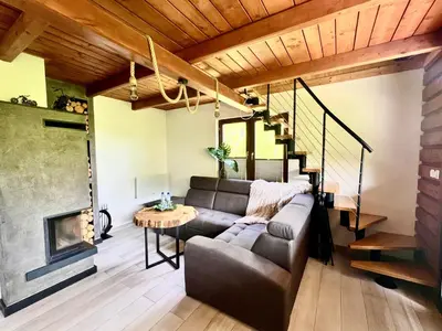 a living room with a couch and a fireplace at Gorczańska Przystań in Zasadne