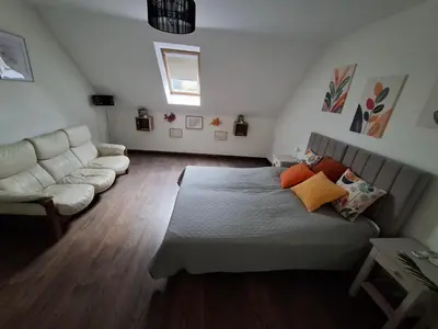 a living room with a bed and a couch at Apartamenty TUTERRA IV in Zabagnie