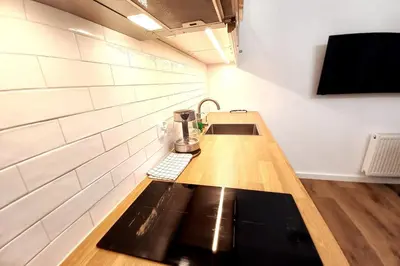 a kitchen with a counter top with a sink at Krakowska Street Old Town Apt 16a in Kraków