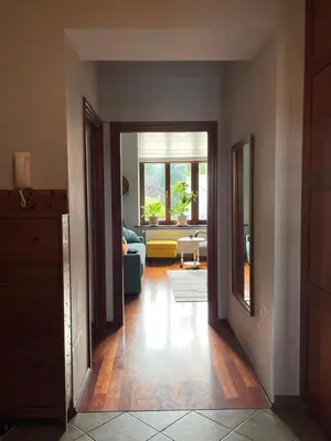 an open hallway with a living room with a couch at Dodo Acomodo 9 in Kraków