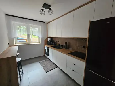 a kitchen with white cabinets and a black refrigerator at Chata Pod Skarpą in Wieprzec