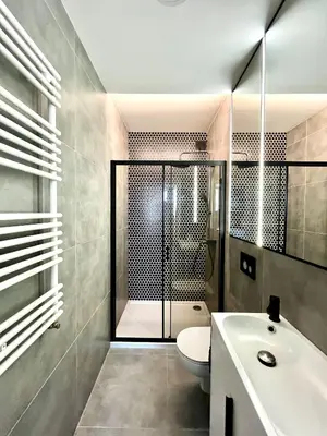 a bathroom with a shower and a toilet and a sink at Cozy Loft - Design Apartaments in Kraków