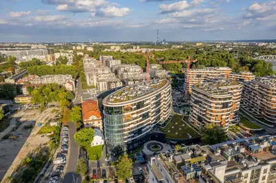 an aerial view of a city with tall buildings at Krakow Studio Air Con 10th Floor Balcony in Kraków