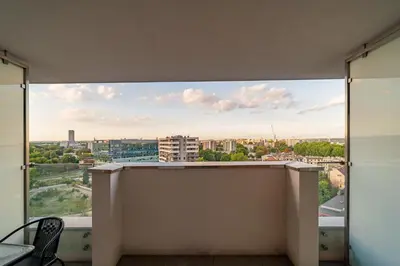 a balcony with a view of a city at Krakow Studio Air Con 10th Floor Balcony in Kraków