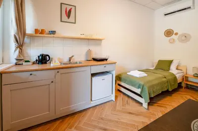 a kitchen with a sink and a bed in a room at Airport Lux Balice in Szczyglice