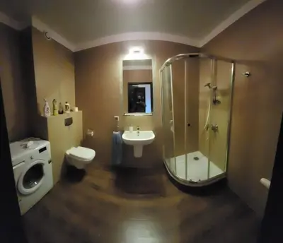 a bathroom with a shower and a sink and a toilet at Apartament Lea in Kraków