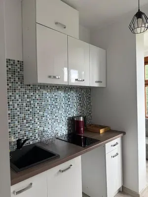 a kitchen with white cabinets and a black sink at Parkowa Apartment in Wadowice