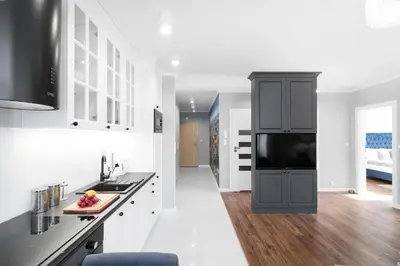 a kitchen with a sink and a black cabinet at Two-Bedroom Apartment with Living Room, Free Parking - Kazimierz in Kraków