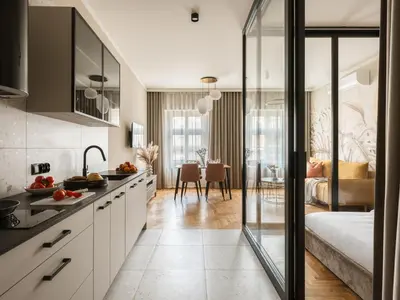 a bathroom with a shower and a toilet and a sink at Art Palace - Fragola Apartments in Kraków