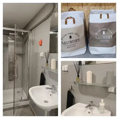 two pictures of a bathroom with a sink and a bag at Room 1 industrial in Kraków