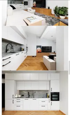 two views of a kitchen with white cabinets at M&D Apartment in Kraków