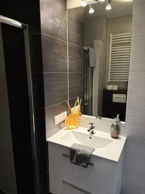 a bathroom with a sink and a mirror at Vistula Apartment Kazimierz Old Town in Kraków