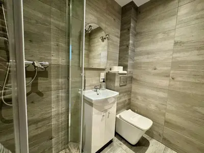 a bathroom with a toilet and a sink and a shower at Apartamenty Podlesie in Przeciszów