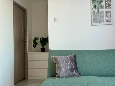 a green couch with a pillow in a room at Apartamenty Podlesie in Przeciszów