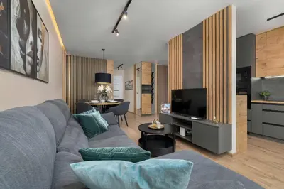 a living room with a couch and a tv at Air Conditioned Apartment in Cracow with Parking and Desk by Noclegi Renters in Kraków