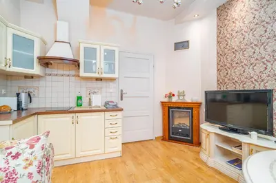 a kitchen with a television and a fireplace at Kraków Centrum Free Parking 5 min do Rynku in Kraków