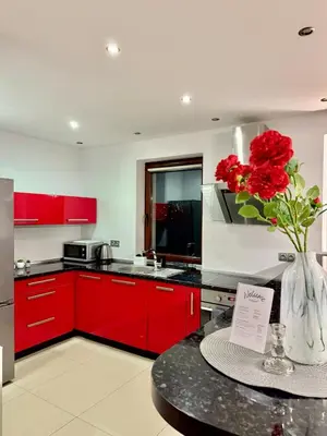 a kitchen with red cabinets and a vase with red roses at Modern Apartament in Kraków's Urban District in Kraków