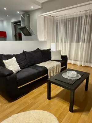 a living room with a black couch and a table at Modern Apartament in Kraków's Urban District in Kraków