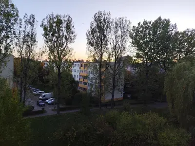 a view of a parking lot with trees and a building at Albertyńskie House in Kraków