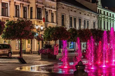 a group of pink water fountains in front of a building at Apartament Zagrodowa in Oświęcim