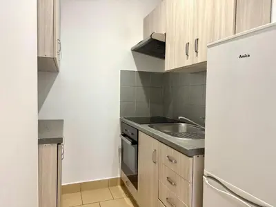 a small kitchen with a sink and a refrigerator at Apartament Zagrodowa in Oświęcim