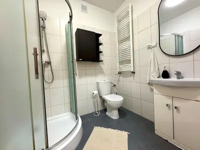 a bathroom with a toilet and a sink and a shower at Apartament Zagrodowa in Oświęcim
