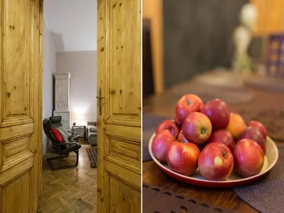 two pictures of a bowl of apples on a table at 5 Bedroom Family Apartment in Kraków