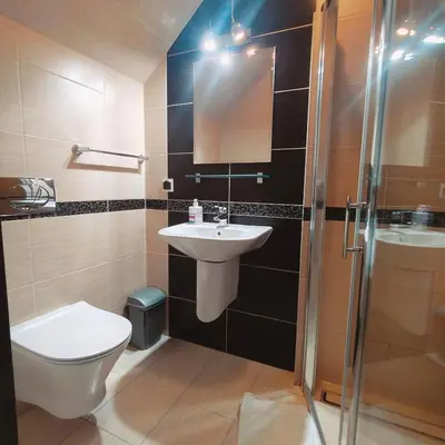 a bathroom with a toilet and a sink and a shower at Gościniec Tenczyn in Tenczyn