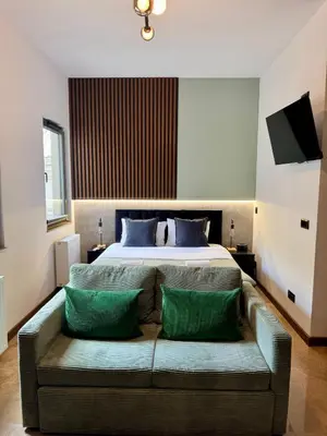 a bedroom with a bed and a couch with green pillows at Apartament KRAKÓW CENTRUM Smoleńsk 33 in Kraków