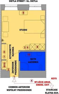 a floor plan of a room with diagrams at Bona Studio, City Center, WiFi in Kraków