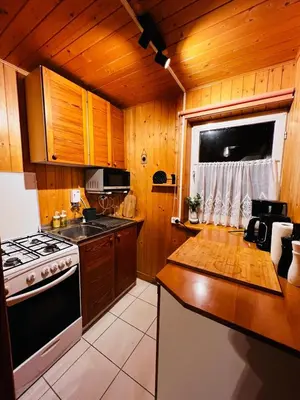 a kitchen with wooden cabinets and a stove top oven at Świerkowa Chata in Targanice
