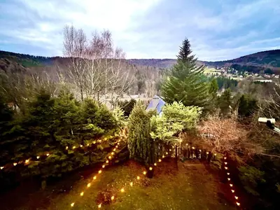 a group of christmas trees with lights on them at Świerkowa Chata in Targanice