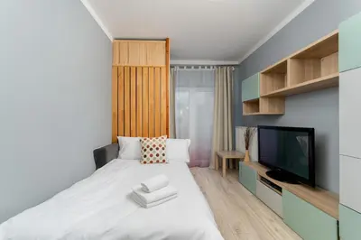 a bedroom with a large bed and a television at Dębniki Comfort Studio by BookingHost in Kraków