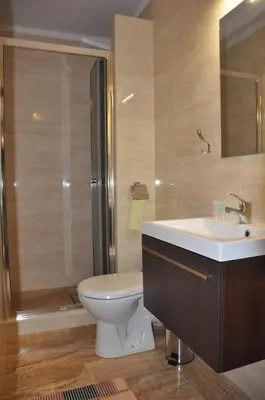 a bathroom with a toilet and a sink and a shower at Hotel Mis in Bochnia