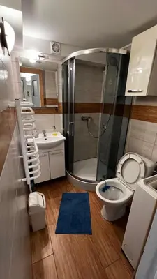 a bathroom with a shower and a toilet and a sink at small studio flat with loft in Kraków