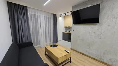 a living room with a couch and a tv on a wall at Apartamenty Żurawia 1 - Piętro 1 in Kraków