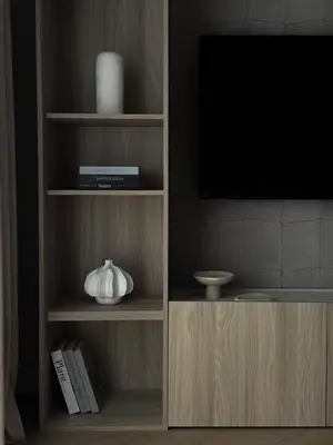 a book shelf with a tv and some books at O2 Premium Residence in Kraków