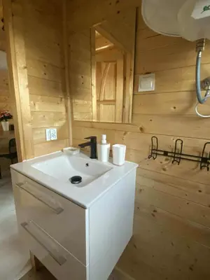 a bathroom with a white sink in a wooden room at Sister's House Zator in Palczowice