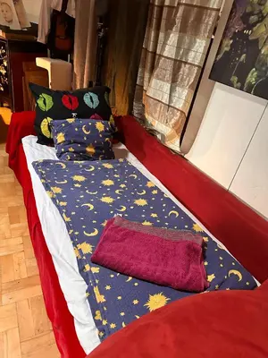 a bed with a blanket and pillows on it at Villatopol Art Hostel in Rząska