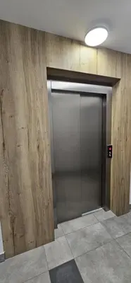 a metal elevator door in a room with wooden walls at Silent Apt Pychowicka in Kraków