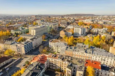 an aerial view of a city with buildings at Kraków Suite - Balcony, Workspace - by Rentujemy in Kraków