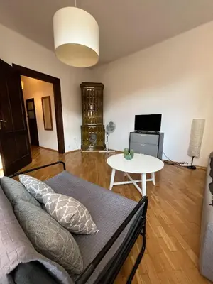 a living room with a couch and a table at Spacious Flat in Kraków