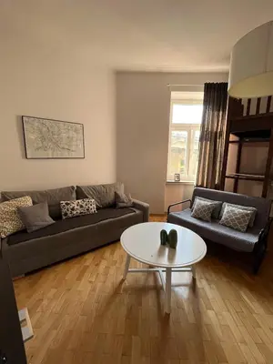 a living room with a couch and a table at Spacious Flat in Kraków