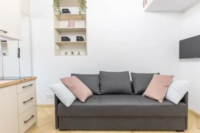 a living room with a gray couch with pink pillows at Cracow Old Town S31 in Kraków