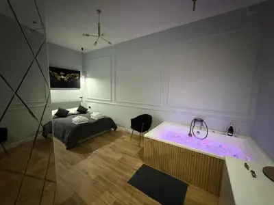 a room with a bathtub with a bed and a bed at Apartament Grey Prywatne Jacuzzi Miodowa Kraków in Kraków