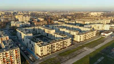 an aerial view of a city with tall buildings at Ciesielskiego Cozy Studio by BookingHost in Kraków
