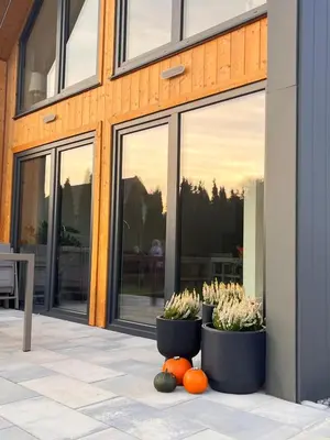 a group of plants in pots in front of a building at Słoneczny Zakątek 2025